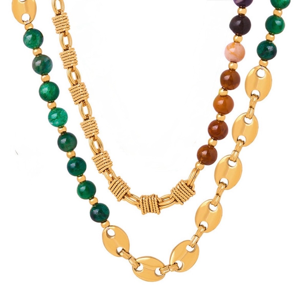 Block Agate Titanium Steel 18K Gold Plated Beaded Patchwork NWT